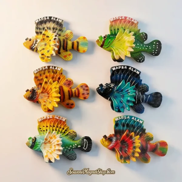 Detailed view of a colorful lionfish magnet, an ideal travel gift for Red Sea diving enthusiasts.