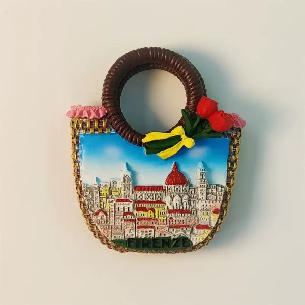 Front view of a Florence Italy cityscape Duomo fridge magnet, designed as a 3D handbag with red tulips.