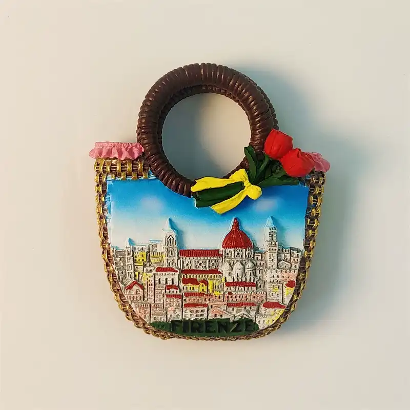 florence-italy-cityscape-duomo-fridge-magnet-front Front view of a Florence Italy cityscape Duomo fridge magnet, designed as a 3D handbag with red tulips.