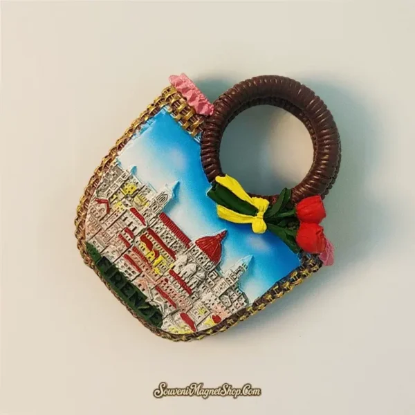 Another oblique view of a Florence Italy cityscape Duomo travel gift magnet, highlighting the intricate handbag design.