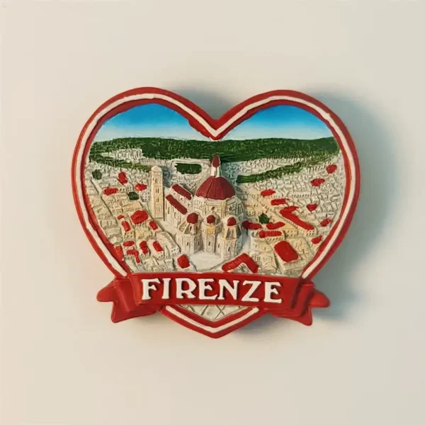 Front view of a hand-painted 3D heart-shaped Florence Duomo souvenir fridge magnet from Italy, showing the cathedral and cityscape.