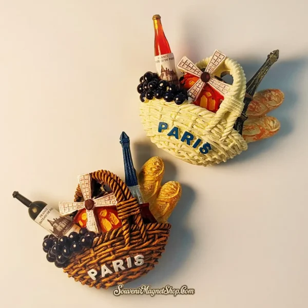 Creative French travel gift magnet showcasing iconic Paris landmarks and culinary symbols in a relief style.