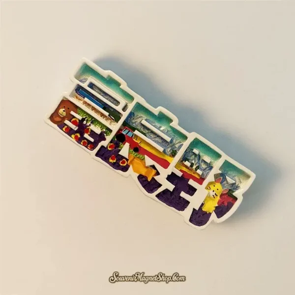 An artistic Furano, Japan travel gift magnet, depicting colorful fields, mountains, and a cute deer/fox figure, all intricately designed within the word art.