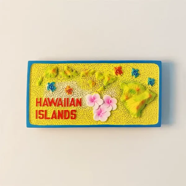 Front view of a 3D hand-painted Hawaii Islands map fridge magnet with beach, flowers, and turtles.