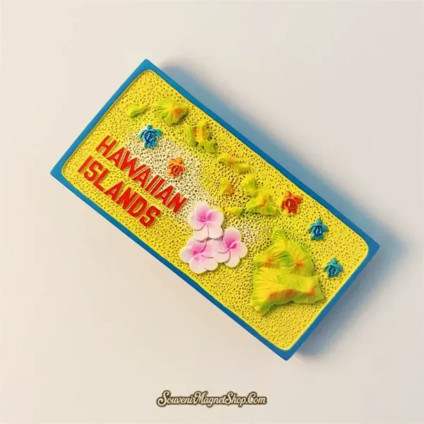 Unique travel gift magnet featuring a vibrant 3D representation of the Hawaiian Islands, perfect for collectors.