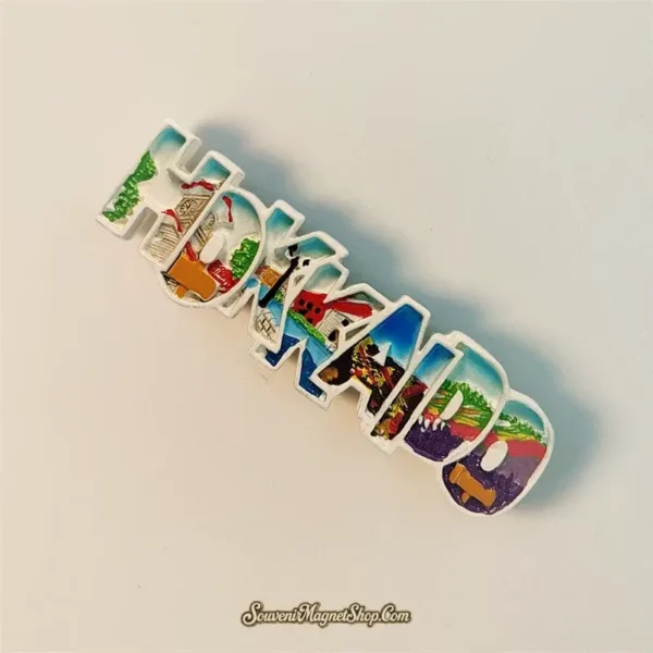 Unique Hokkaido travel gift magnet, shaped as "Hokkaido" letters filled with detailed local attractions.