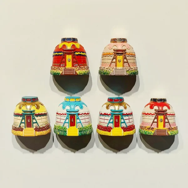 3D Inner Mongolia yurt fridge magnet with vibrant hand-painted nomadic patterns and traditional architecture.