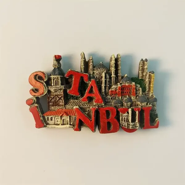 Front view of a detailed 3D Istanbul fridge magnet showcasing Hagia Sophia, Blue Mosque, and Galata Tower.