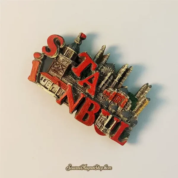 Overhead view of an Istanbul travel gift magnet, highlighting its intricate design and vibrant colors.