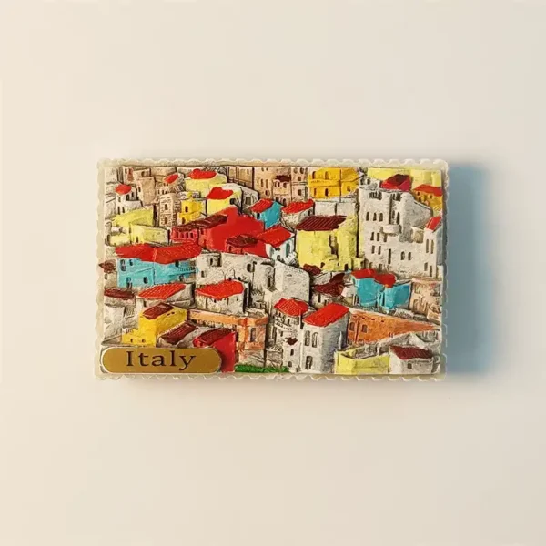 Front view of a 3D relief Italy Cinque Terre colorful houses fridge magnet, showcasing vibrant buildings and intricate details.