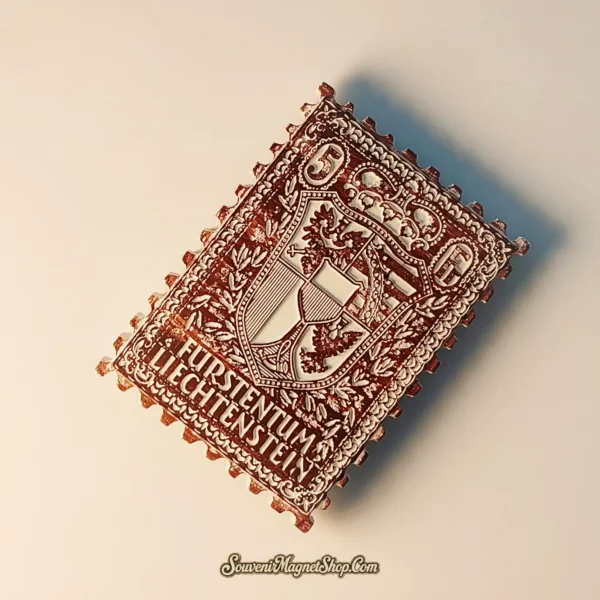A vintage-style Liechtenstein postage stamp fridge magnet, an ideal travel gift for culture lovers and collectors.