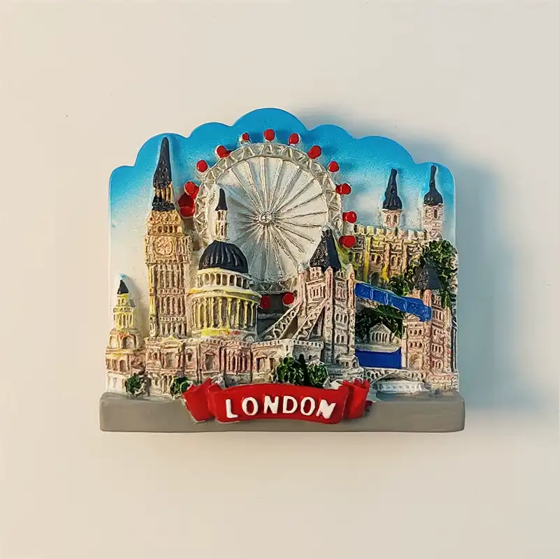 Front view of a 3D hand-painted London souvenir fridge magnet featuring Big Ben, London Eye, and Tower Bridge.