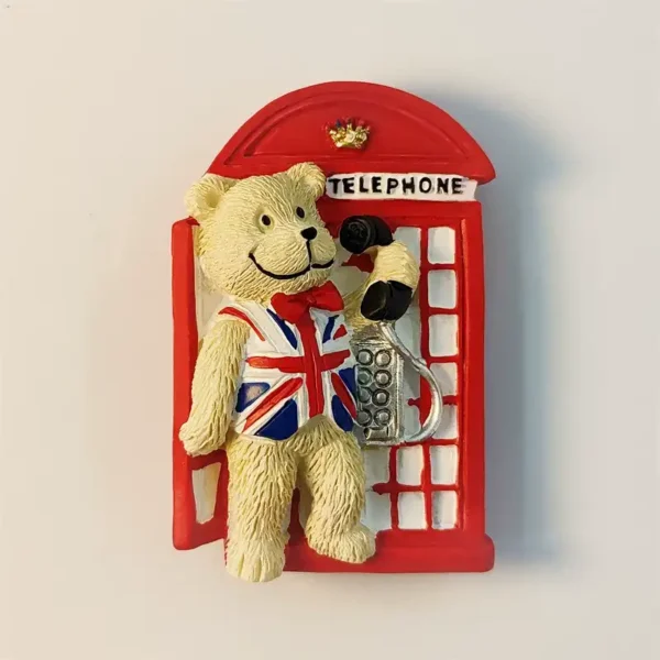 Front view of a London Red Telephone Booth fridge magnet featuring a bear wearing a Union Jack shirt.