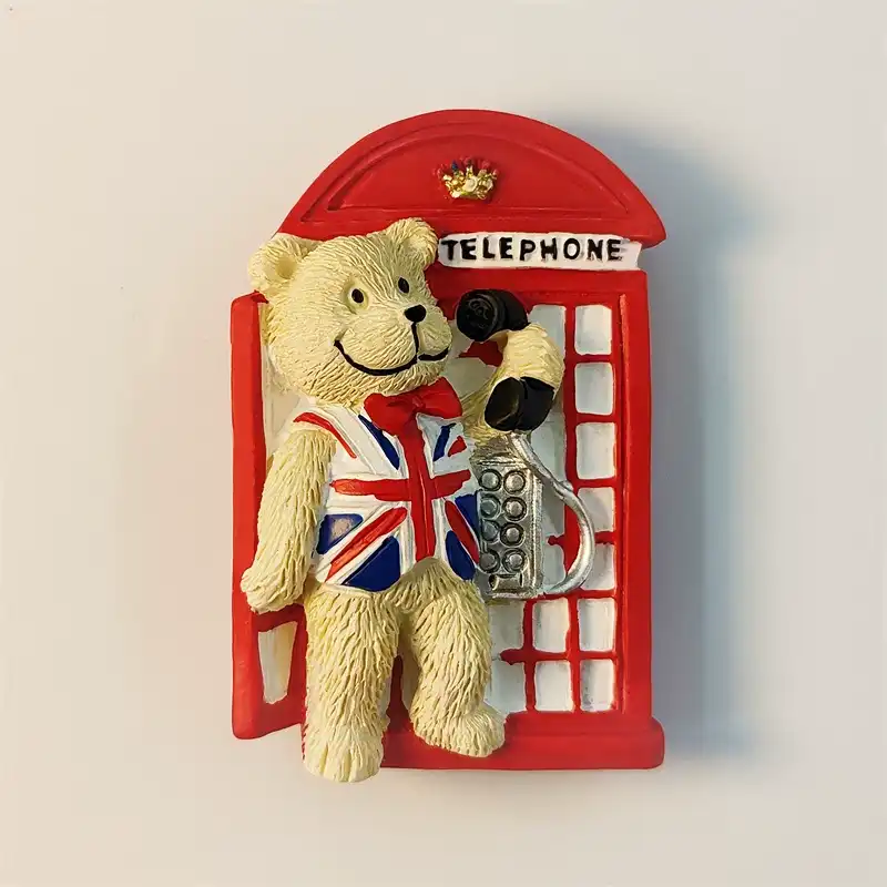 Front view of a London Red Telephone Booth fridge magnet featuring a bear wearing a Union Jack shirt.