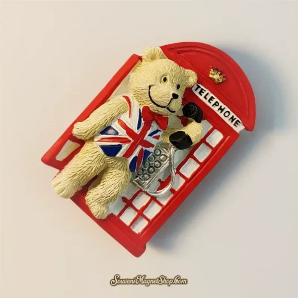 Collectible London Red Telephone Booth and Union Jack bear magnet, ideal as a travel gift.