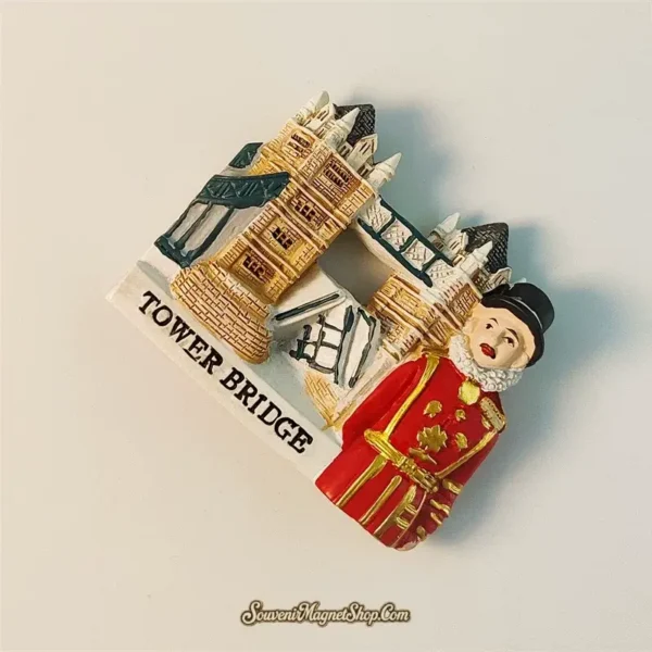 Second angled view of London Tower Bridge and Yeoman Warder travel gift magnet with "SouvenirMagnetShop.Com" watermark