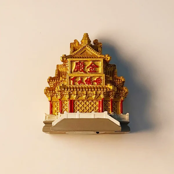 Detailed 3D resin fridge magnet of the Golden Pavilion at Laojun Mountain, Luoyang, featuring intricate golden architectural details.