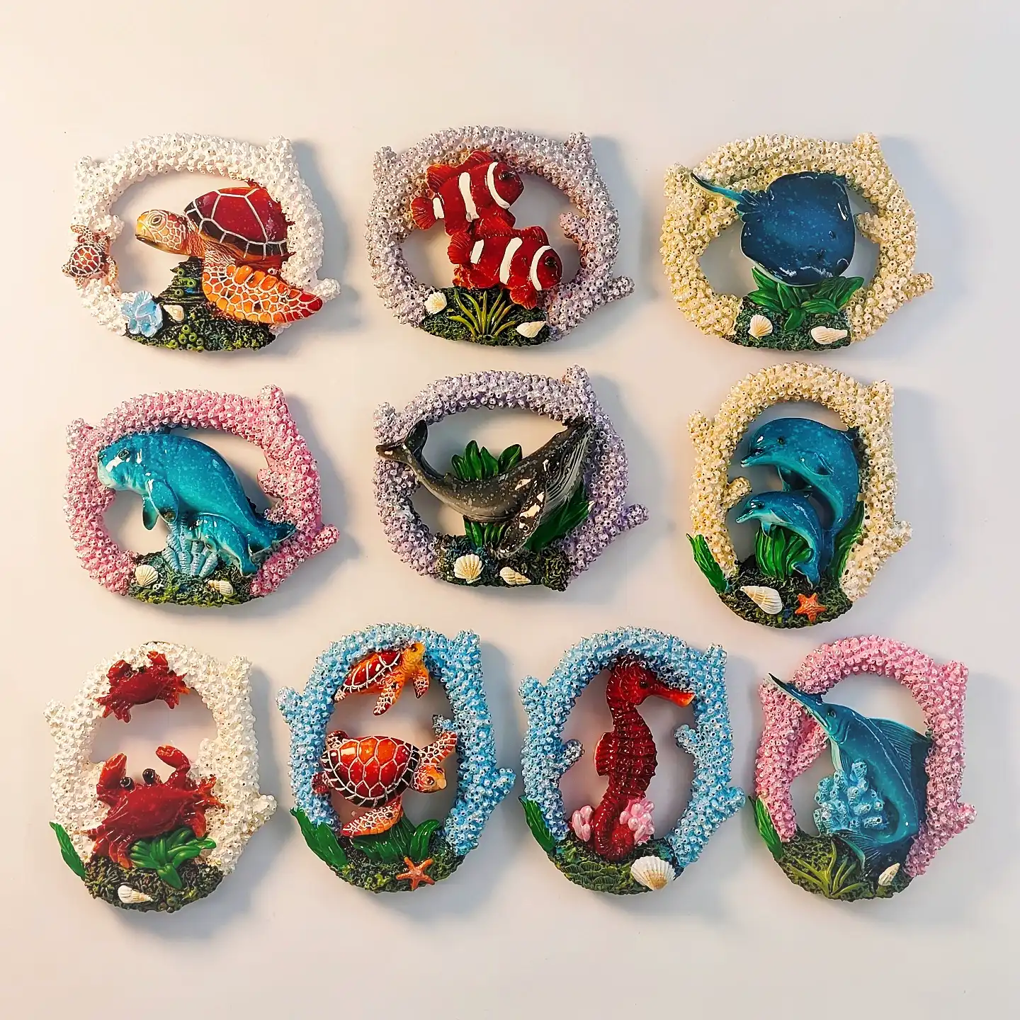 Malaysia Semporna coral reef tropical marine animal fridge magnet set, front view displaying multiple unique designs.