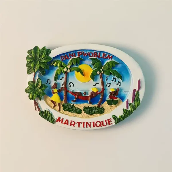 Front view of a vibrant Martinique Caribbean beach "Pani Pwoblem" fridge magnet, featuring dancers and a relaxed beach scene.
