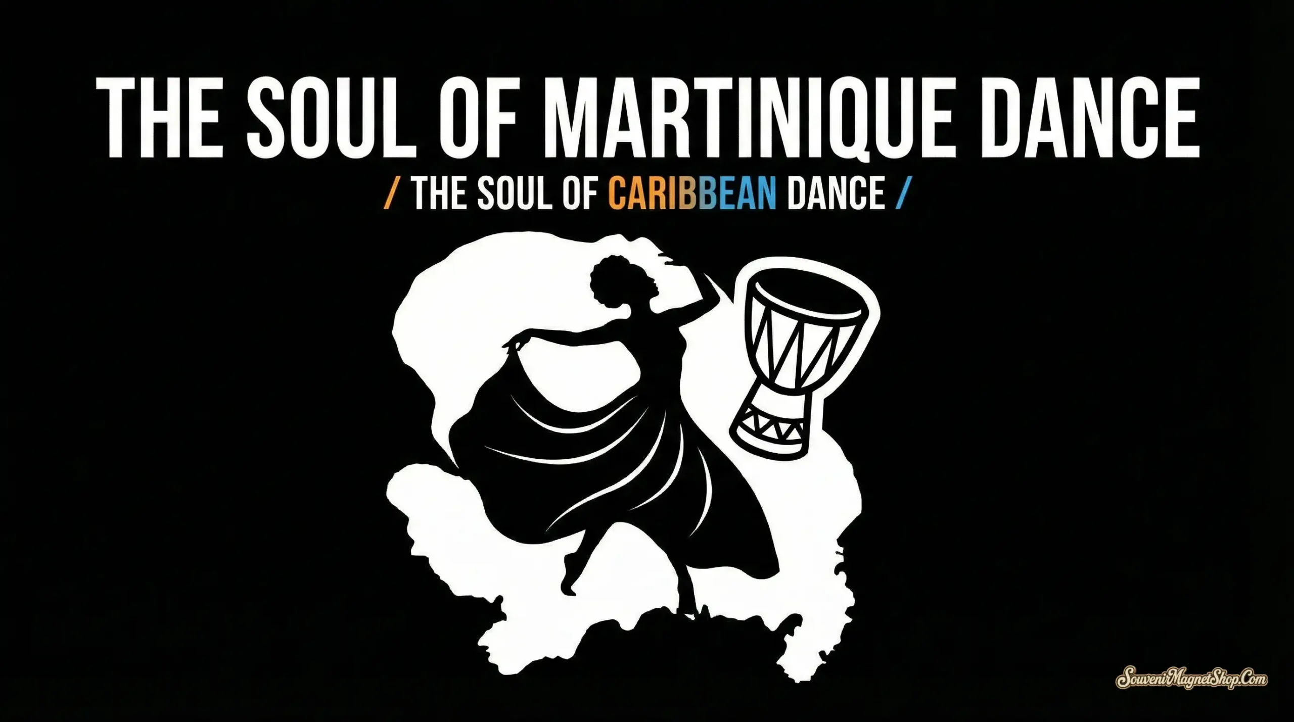 Silhouette of a Martinique dancer on a Caribbean island outline with a traditional drum on a high-contrast black background.