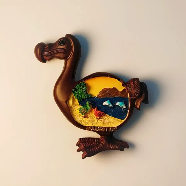 Front view of a detailed Mauritius Dodo bird fridge magnet with an intricate dolphin seascape inside.
