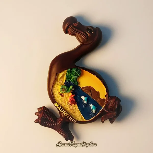Thoughtful travel gift magnet from Mauritius, shaped like a Dodo bird with a vibrant seascape scene.