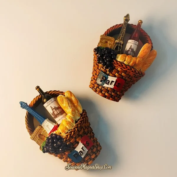 Artistic close-up of a Paris themed magnet, perfect as a travel gift, showcasing French culture and landmarks in a basket.