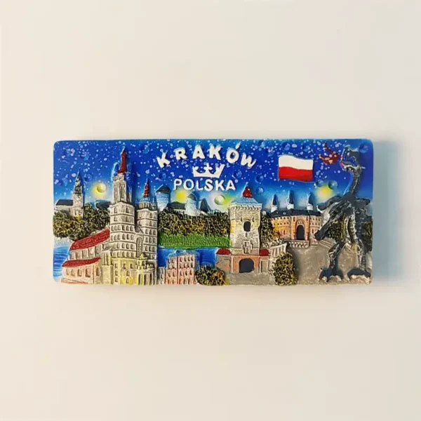 Front view of a vibrant 3D hand-painted Krakow cityscape souvenir fridge magnet featuring iconic architecture under a starry night sky.