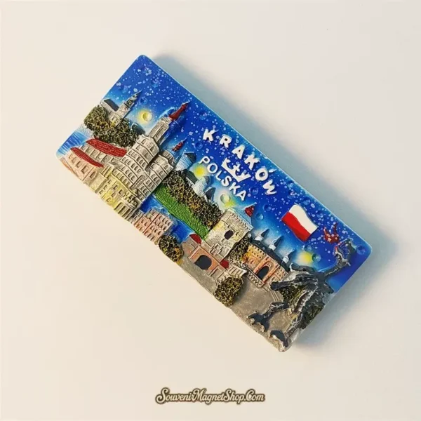 Unique Krakow cityscape travel gift magnet, showcasing the city's famous landmarks and a beautiful starry night, ideal for collectors.