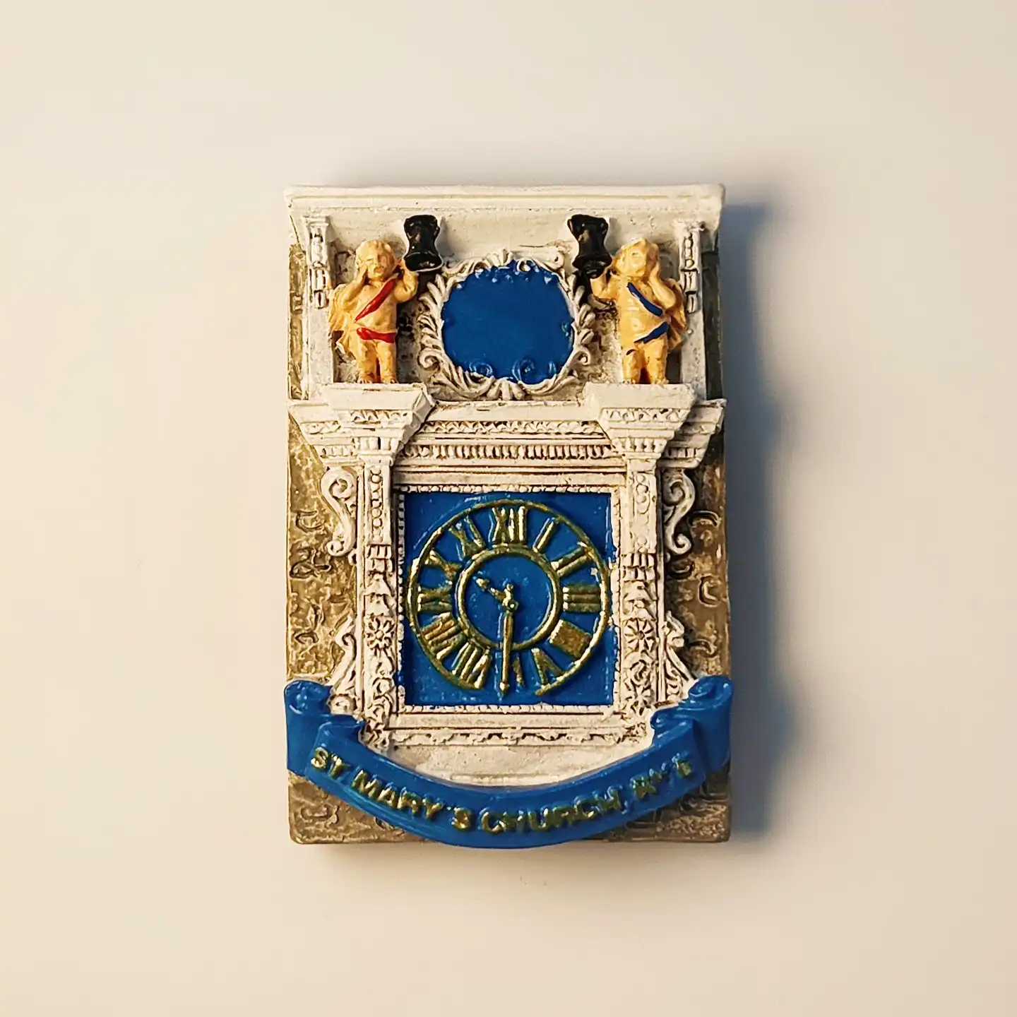 rye-st-marys-church-clock-tower-fridge-magnet-front Front view of the UK Rye St Mary's Church Clock Tower embossed hand-painted fridge magnet with blue banner.