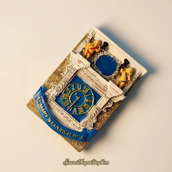 Close-up of the UK Rye St Mary's Church Clock Tower magnet, ideal as a travel gift, highlighting the clock and church details.