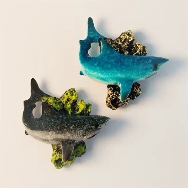 Front view of Semporna Malaysia two-piece shark and coral reef fridge magnets, showcasing detailed marine life art.