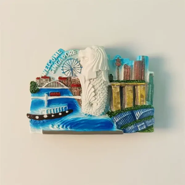 Front view of a vibrant 3D Singapore Merlion and Marina Bay Sands souvenir fridge magnet.