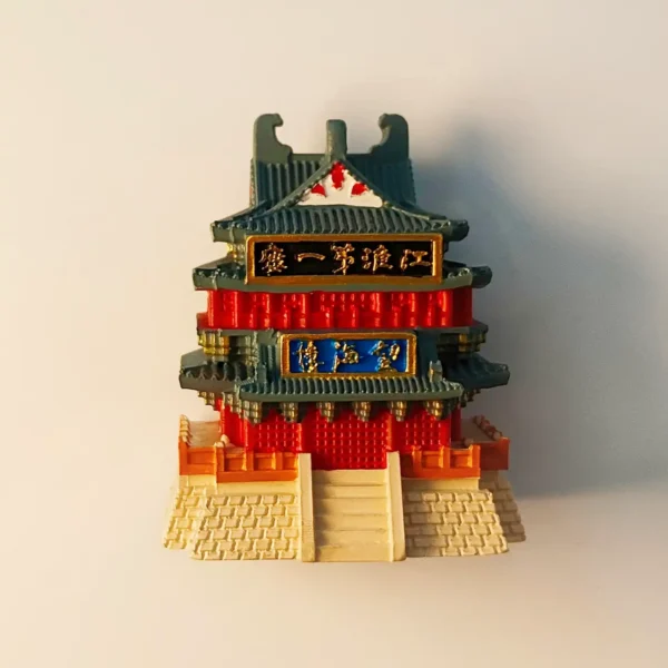 Front view of the detailed 3D light-up Taizhou Wanghai Tower fridge magnet, showcasing its traditional Chinese architecture and vibrant red and green colors.