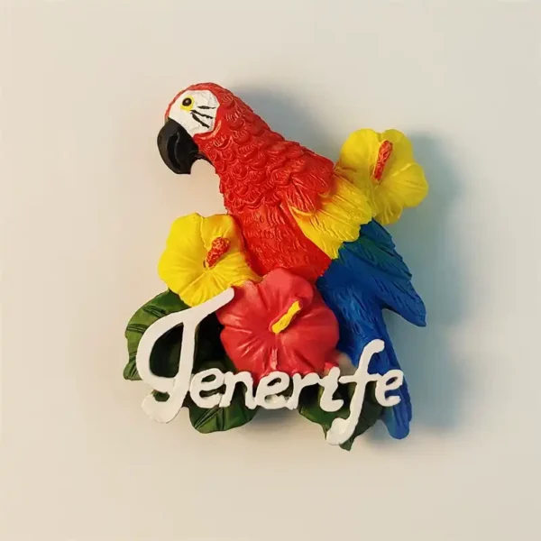Front view of a colorful hand-painted Tenerife tropical parrot and hibiscus flower fridge magnet.