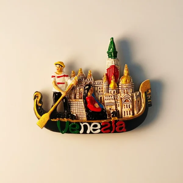 3D relief fridge magnet of a Venice gondola with a gondolier and St. Mark's Campanile in the background.