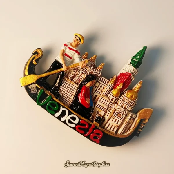 Romantic Venice travel gift magnet depicting a scenic gondola ride through iconic historic city landmarks.