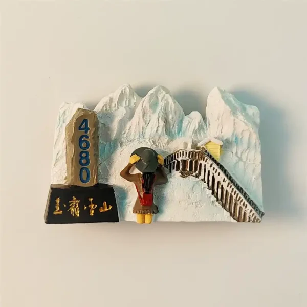 Front view of the Yunnan Jade Dragon Snow Mountain fridge magnet, showcasing snow-capped peaks, the 4680m altitude marker, and a person.