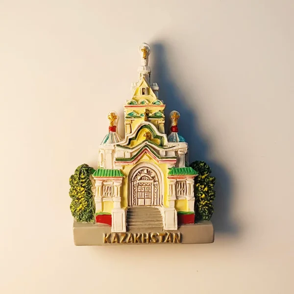 Detailed 3D front view of the Kazakhstan Almaty Ascension Cathedral fridge magnet featuring vibrant yellow and green hand-painted details.