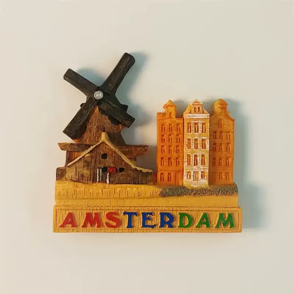 Amsterdam souvenir fridge magnet front view with 3D windmill and stepped-gable canal houses