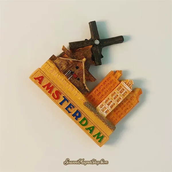 Amsterdam fridge magnet angled view showing 3D windmill and colorful AMSTERDAM lettering on base