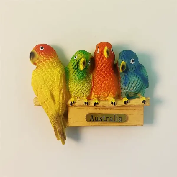 Front view of an Australia colorful parrots fridge magnet, featuring four vibrant, hand-painted parrots on a branch.
