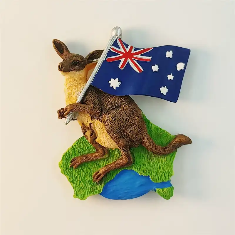 australia-kangaroo-flag-fridge-magnet-front Australia kangaroo fridge magnet with national flag and joey in pouch, 3D hand-painted souvenir