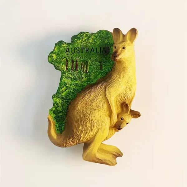 Australia kangaroo mother and joey souvenir fridge magnet front view with green embossed Australia map