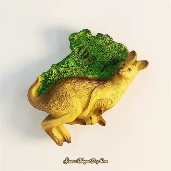Australia kangaroo fridge magnet top angle showing embossed continent map and joey in pouch