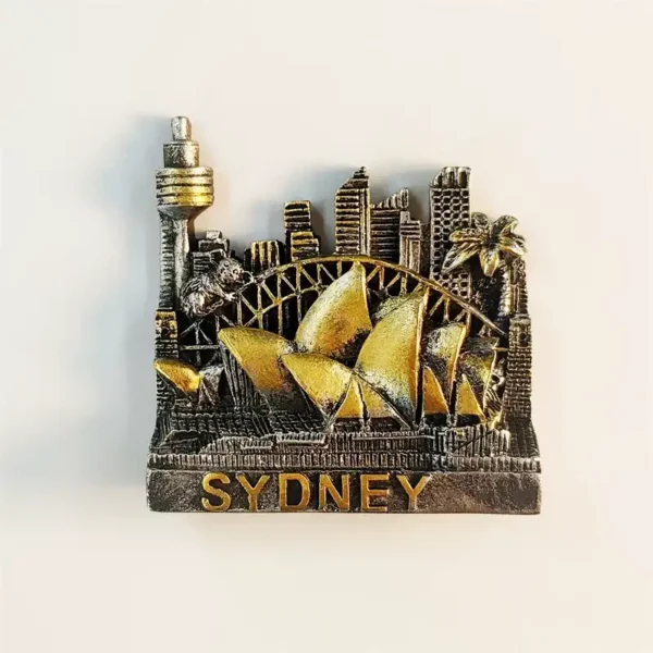 Australia Sydney Opera House souvenir fridge magnet front view with 3D resin bronze gold sails Harbour Bridge and Sydney Tower
