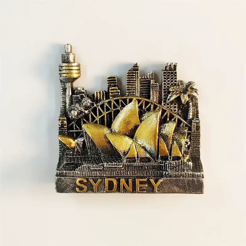 australia-sydney-opera-house-fridge-magnet-front Australia Sydney Opera House souvenir fridge magnet front view with 3D resin bronze gold sails Harbour Bridge and Sydney Tower