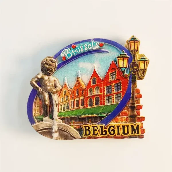 Belgium Brussels Manneken Pis souvenir fridge magnet front view with Grand Place scene and golden street lamp