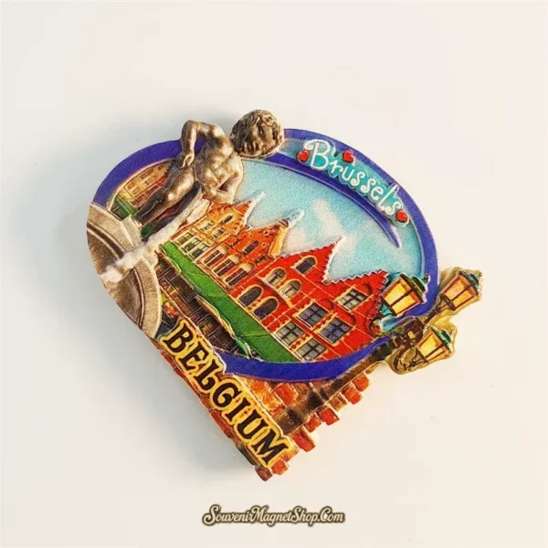 Belgium Brussels fridge magnet top-back angle showing 3D Manneken Pis sculpture and magnet thickness