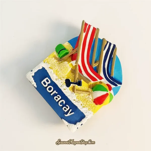 Boracay Philippines fridge magnet left angle showing 3D depth of beach chairs green bucket and Boracay label